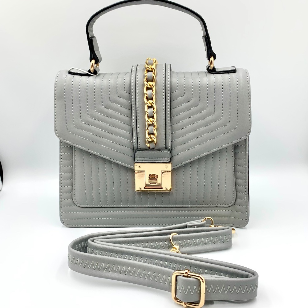 Cashmere Grey gold-tone chain top handle quilted satchel crossbody shoulder bag - Picture 1 of 15
